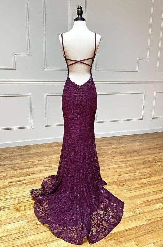 Mermaidtrumpet Spaghetti Straps Grape Lace Beaded Long Prom Dress Formal Evening Dress With Slit