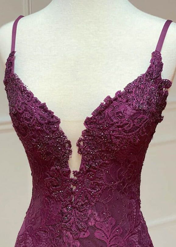 Mermaidtrumpet Spaghetti Straps Grape Lace Beaded Long Prom Dress Formal Evening Dress With Slit