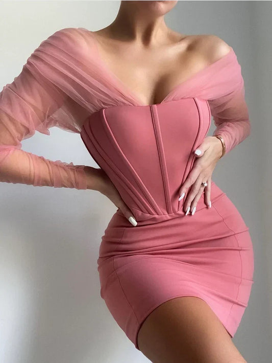 Formal Women's Dresses Pink Off Shoulder Mesh Sleeve Corset Dress Prom Dresses Stores