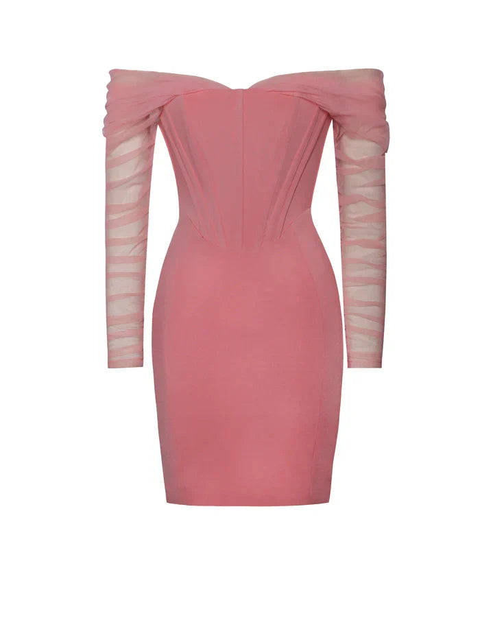 Formal Women's Dresses Pink Off Shoulder Mesh Sleeve Corset Dress Prom Dresses Stores