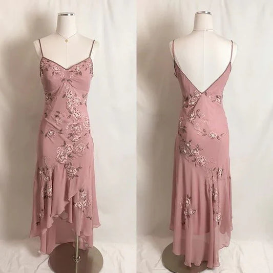 Formal Wear Dresses Vintage Dusty Pink Straps Ruffle Asymmetrical Midi Length Party Dress Prom Dresses Shops Formal Women's Dresses