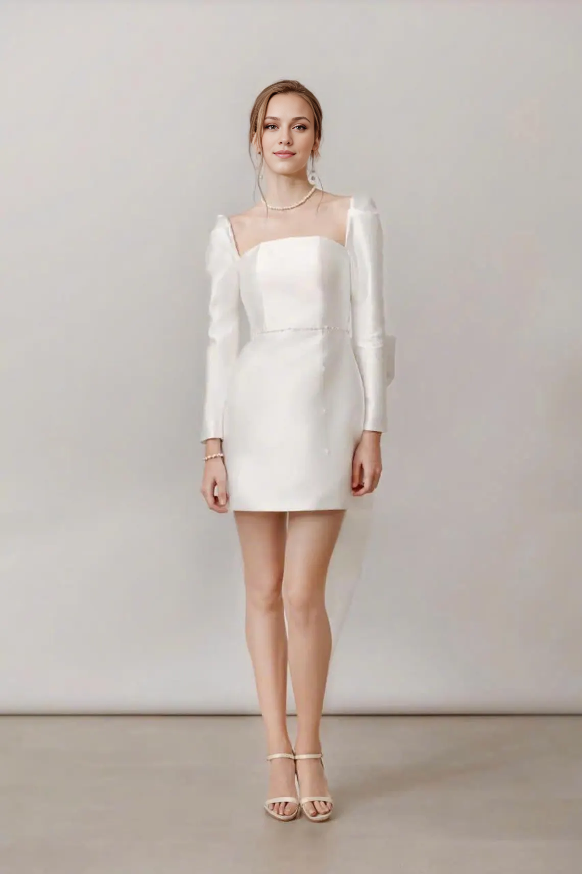 Mini Wedding Dress Ivory Dress Bridal Dress Long Sleeves Engagement Dress Short Wedding Dress Dress Party Dress Gift For Her With Bow