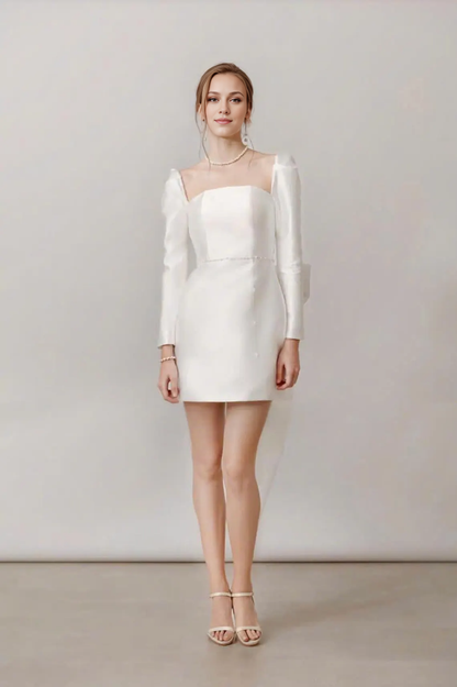 Mini Wedding Dress Ivory Dress Bridal Dress Long Sleeves Engagement Dress Short Wedding Dress Dress Party Dress Gift For Her With Bow