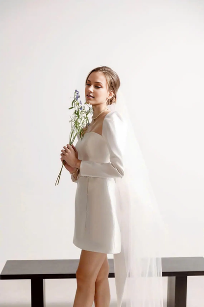 Mini Wedding Dress Ivory Dress Bridal Dress Long Sleeves Engagement Dress Short Wedding Dress Dress Party Dress Gift For Her With Bow