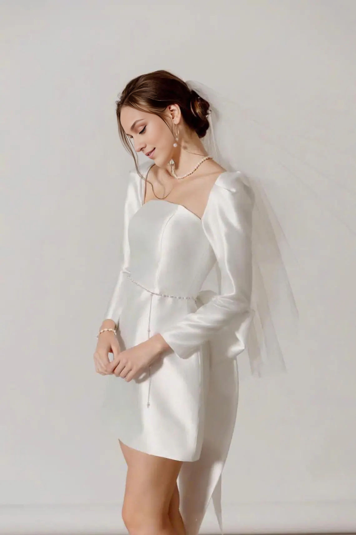 Mini Wedding Dress Ivory Dress Bridal Dress Long Sleeves Engagement Dress Short Wedding Dress Dress Party Dress Gift For Her With Bow