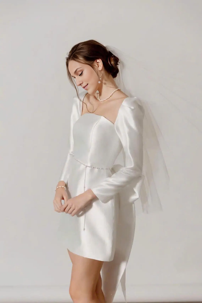 Mini Wedding Dress Ivory Dress Bridal Dress Long Sleeves Engagement Dress Short Wedding Dress Dress Party Dress Gift For Her With Bow