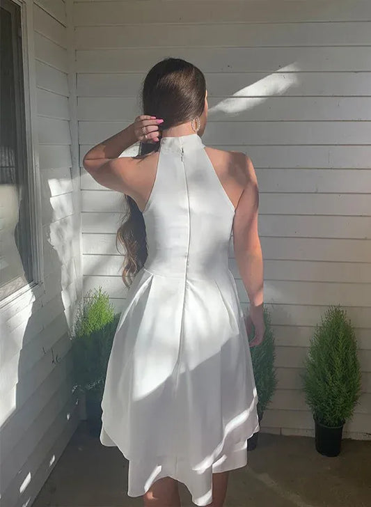 Minimal A-Line Halter Sleeveless Tiered Ruffle Satin White Short Homecoming Dress