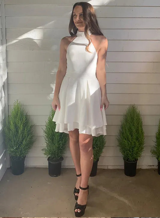 Minimal A-Line Halter Sleeveless Tiered Ruffle Satin White Short Homecoming Dress