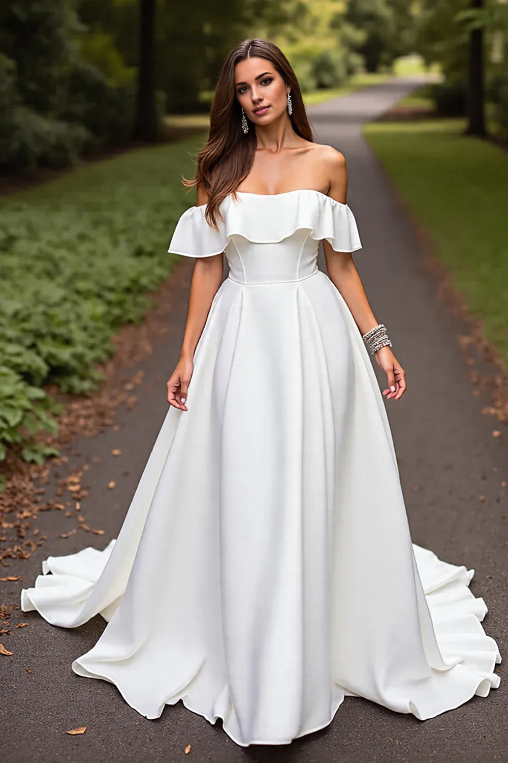 Minimalist A-Line Off the Shoulder Sleeveless Satin Sweep Train Wedding Dress