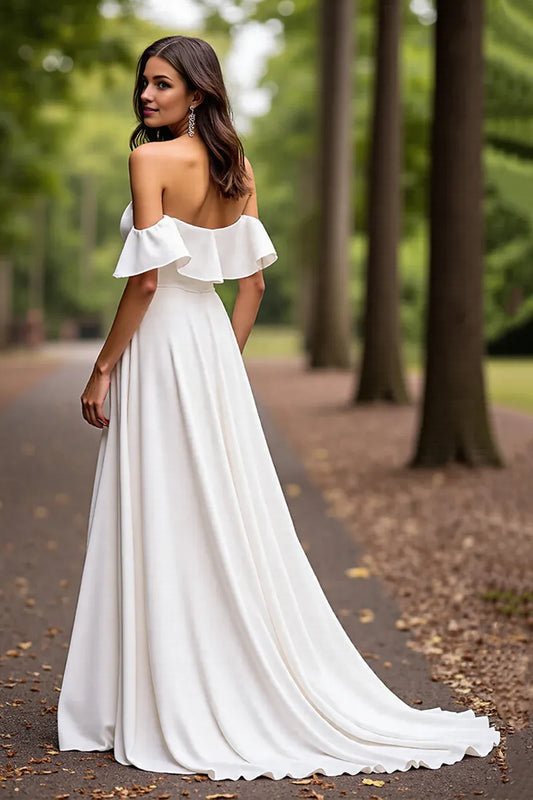 Minimalist A-Line Off the Shoulder Sleeveless Satin Sweep Train Wedding Dress