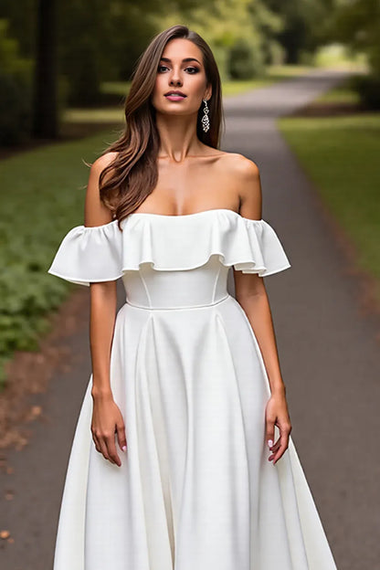Minimalist A-Line Off the Shoulder Sleeveless Satin Sweep Train Wedding Dress