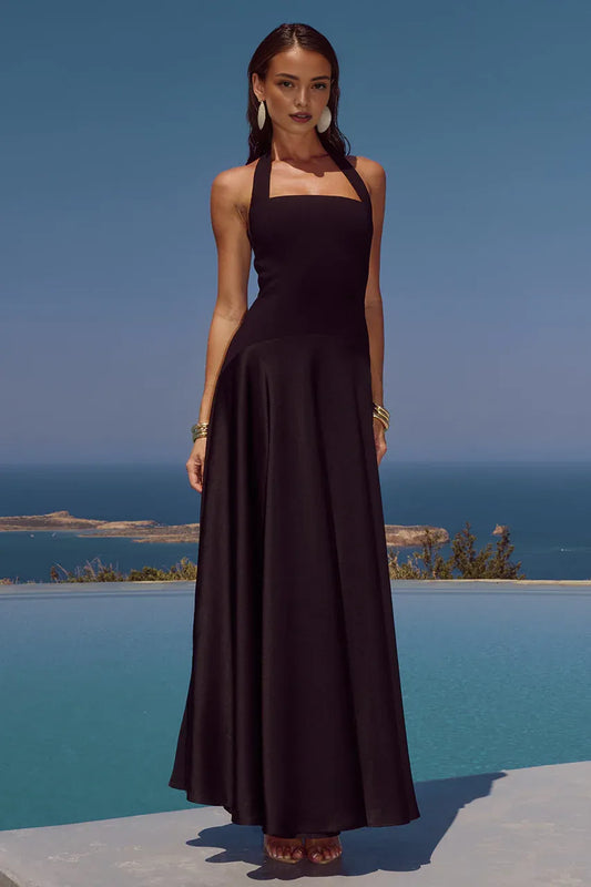 Minimalist A-line Square Neck Sleeveless Ruched Satin Floor-Length Prom Dress