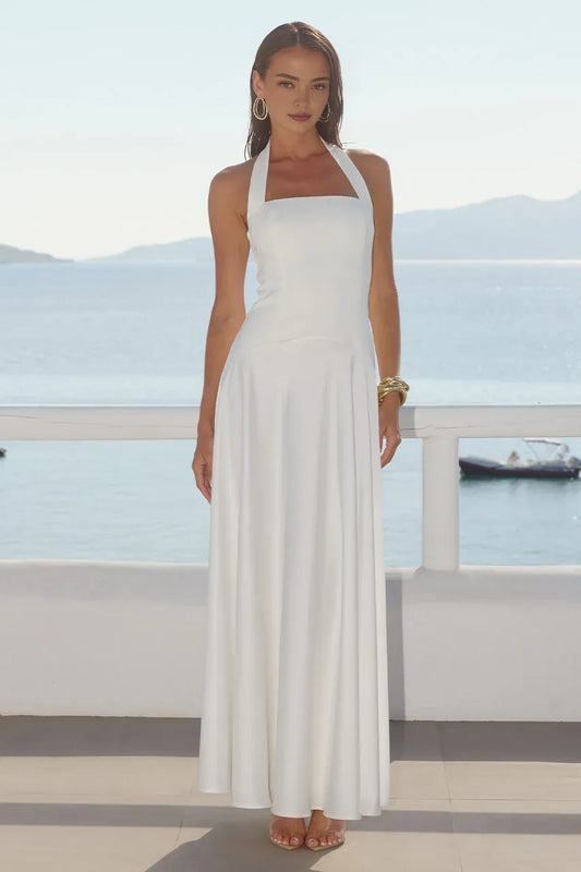 Minimalist A-line Square Neck Sleeveless Ruched Satin Floor-Length Prom Dress