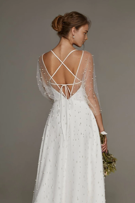 Minimalist Beaded Wedding Dress Beach Bridal Gown Spaghetti Straps Backless Wedding Dress White Evening Dress Bridal Wedding Party Dress Prom Dress