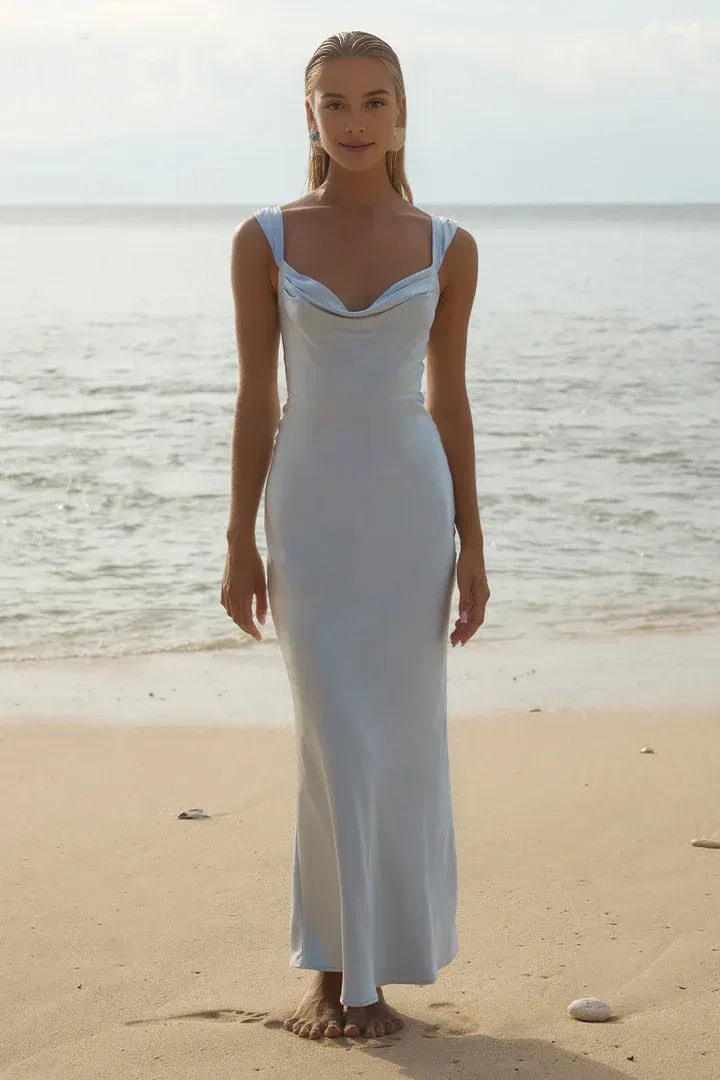 Minimalist Fitted Cowl Neck Sleeveless Satin Ankle-Length Prom Dress