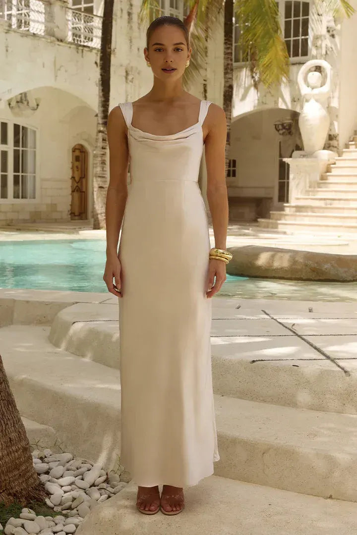 Minimalist Fitted Cowl Neck Sleeveless Satin Ankle-Length Prom Dress