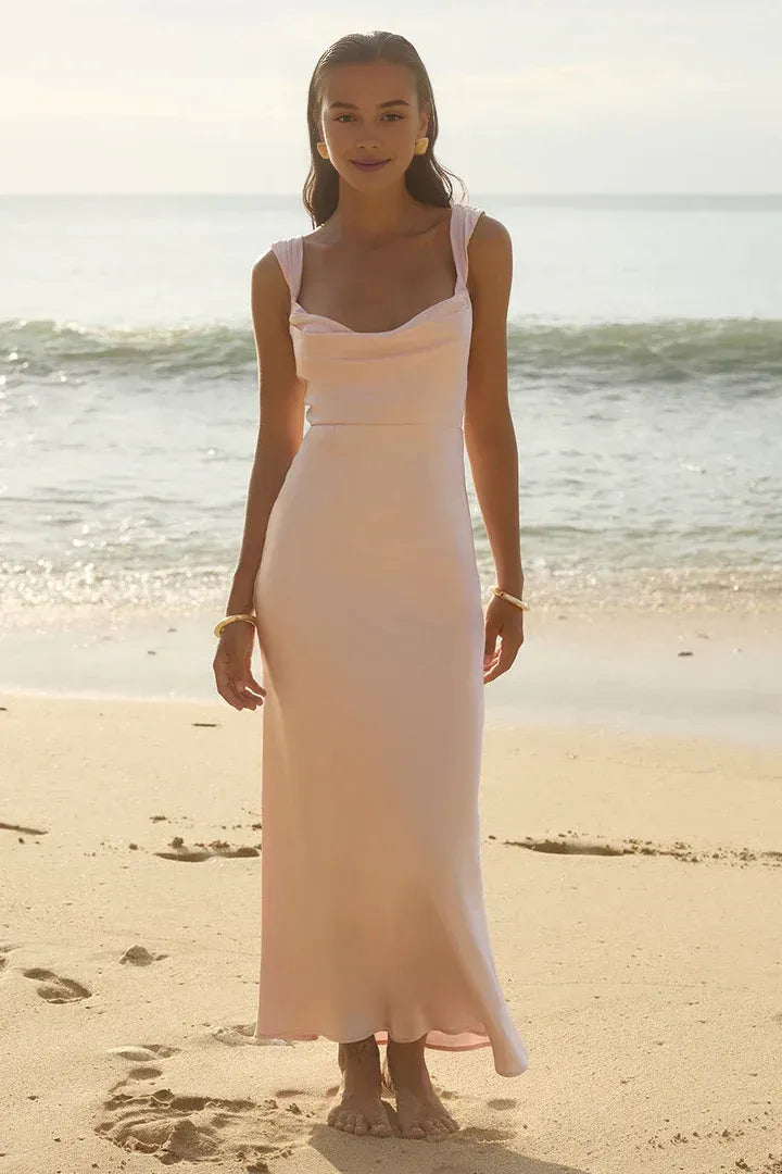 Minimalist Fitted Cowl Neck Sleeveless Satin Ankle-Length Prom Dress