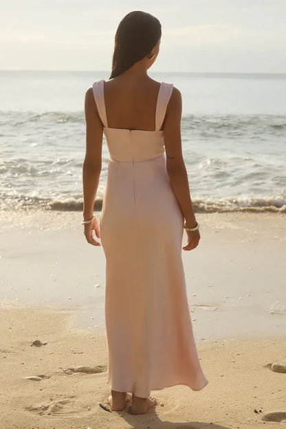Minimalist Fitted Cowl Neck Sleeveless Satin Ankle-Length Prom Dress