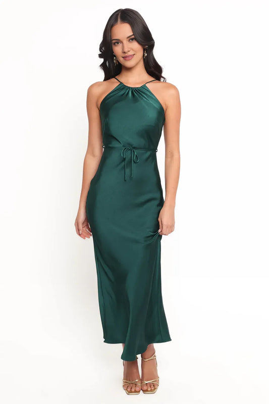 Minimalist Fitted Halter Neck Sleeveless Satin Ankle-Length Prom Dress