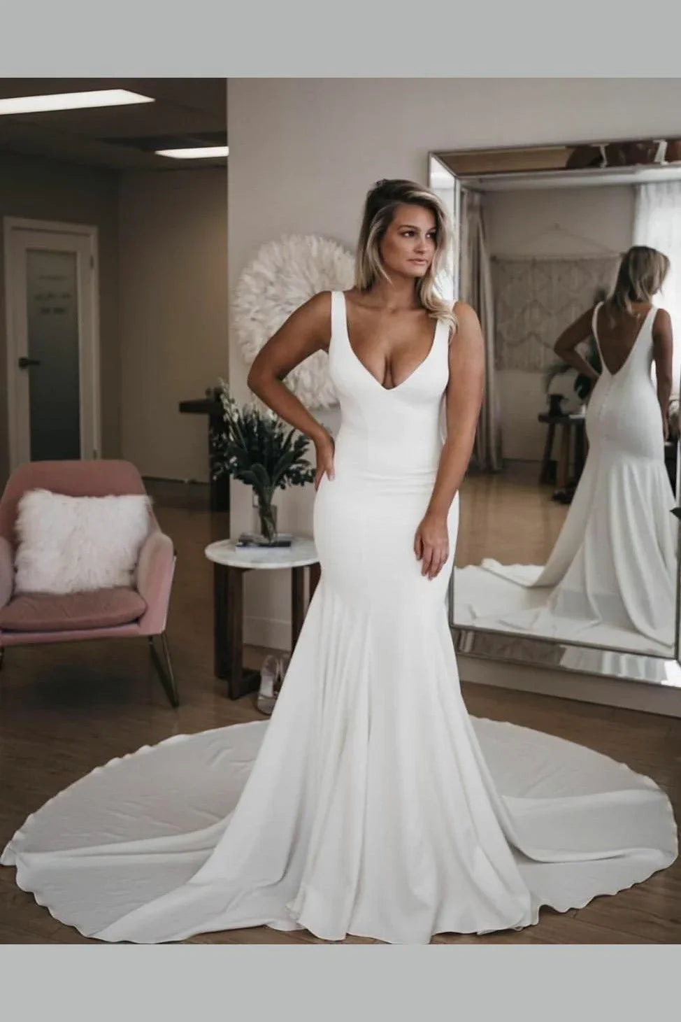 Minimalist Sexy Mermaid Backless Deep V Neck Satin Beach Wedding Dresses With Train
