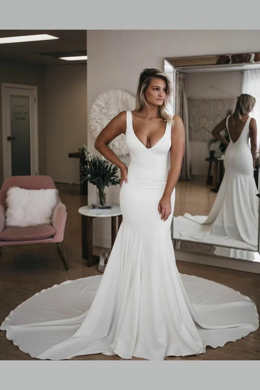 Minimalist Sexy Mermaid Backless Deep V Neck Satin Beach Wedding Dresses With Train