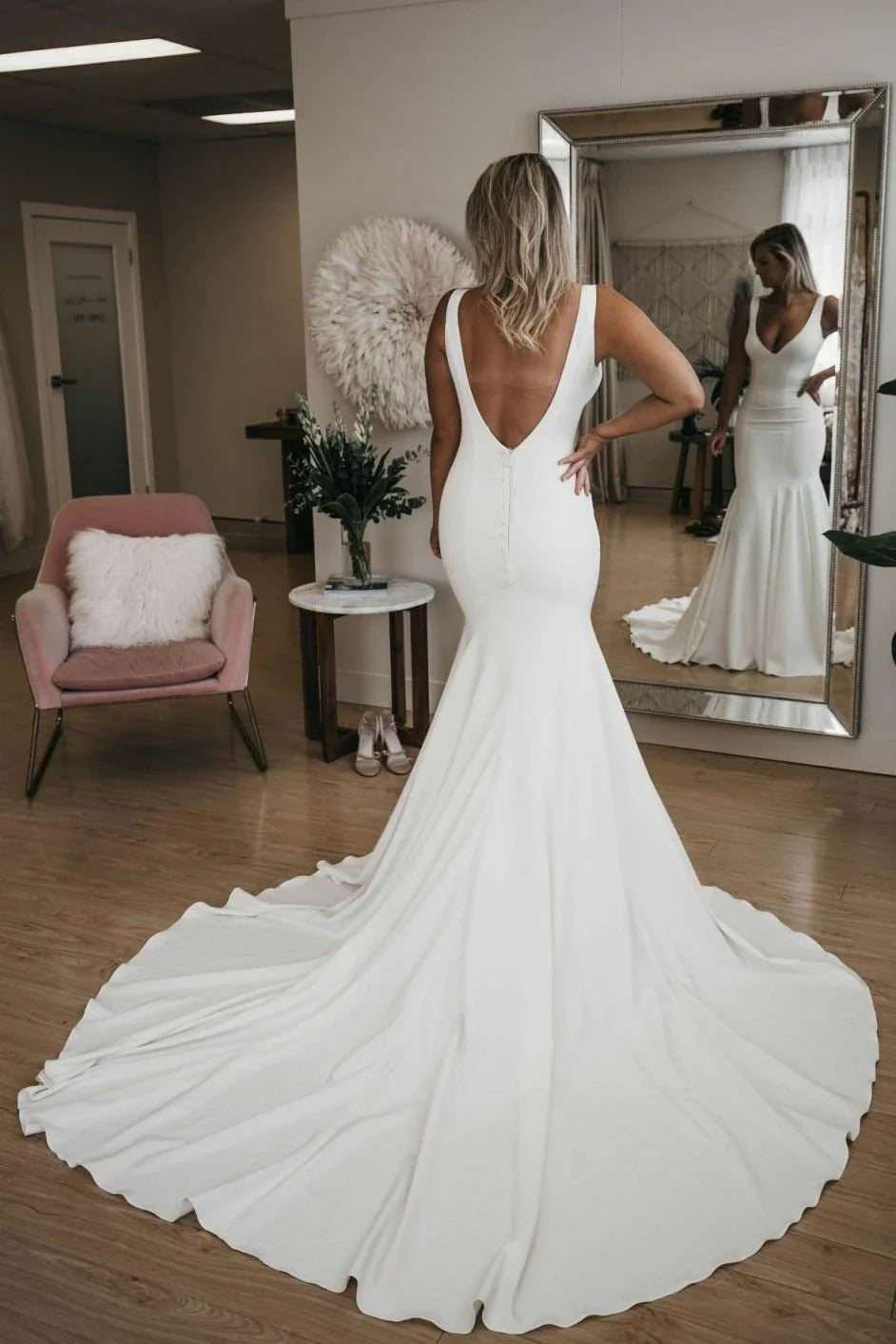 Minimalist Sexy Mermaid Backless Deep V Neck Satin Beach Wedding Dresses With Train