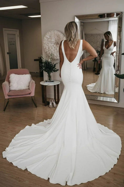 Minimalist Sexy Mermaid Backless Deep V Neck Satin Beach Wedding Dresses With Train