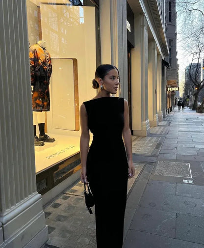 Minimalist Sheath/Column Boat Neck Sleeveless Backless Floor-Length Prom Dress