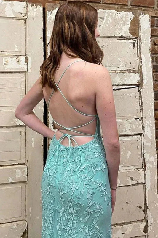 Mint Green Spaghetti Strap Lace Up Back Lace Applique Mermaid Tulle Prom Dress