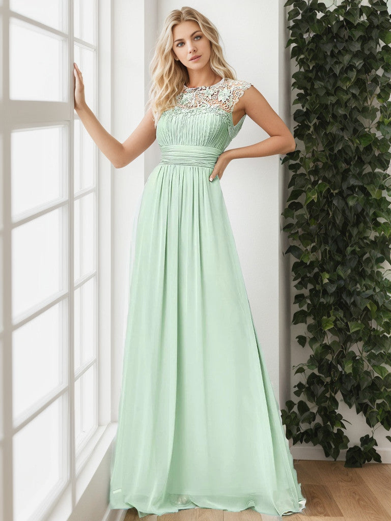 Classic Maxi Long Lace Cap Sleeve Bridesmaid Dress