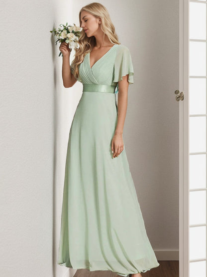 Long Chiffon Empire Waist Bridesmaid Dress with Short Flutter Sleeves