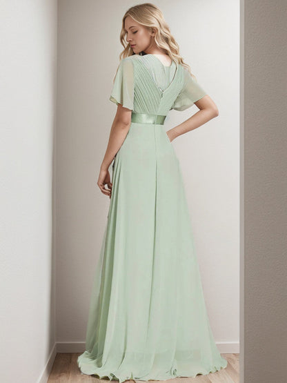 Long Chiffon Empire Waist Bridesmaid Dress with Short Flutter Sleeves