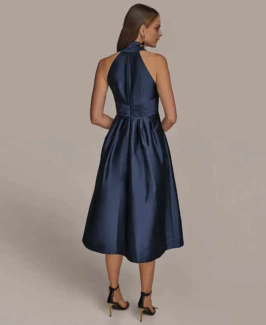 Modern A-Line Halter Neck Sleeveless Pleated Satin Tea-Length Prom Dress