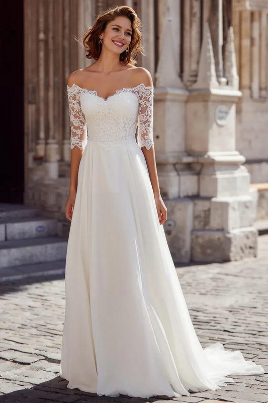 Modern A-Line Off the Shoulder 1/2 Sleeve Chiffon Sweep Train Wedding Dress