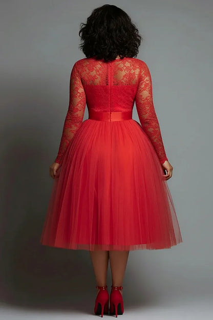 Modern A-Line Round Neck Long Sleeve Lace Tulle Midi Length Prom Dress