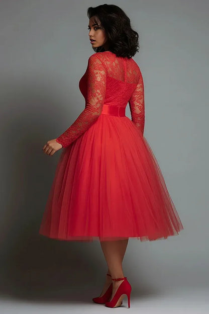 Modern A-Line Round Neck Long Sleeve Lace Tulle Midi Length Prom Dress