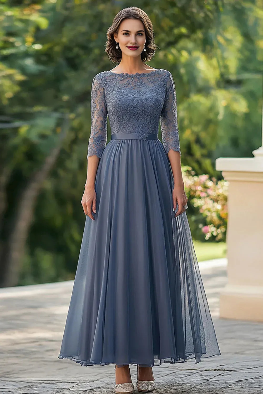 Modern A-Line Scoop Neck 3/4 Sleeves Backless Ankle-Length Mother of the Bride Dress