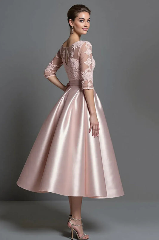 Modern A-Line Scoop Neck Half Sleeves Satin Lace Tea-Length Mother of the Bride Dress