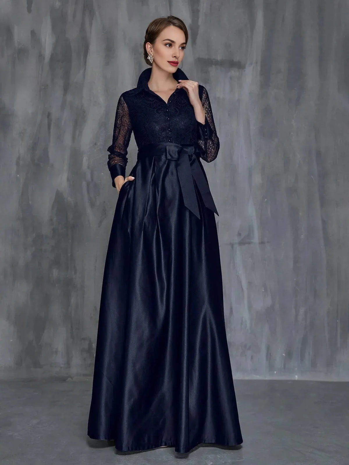 Modern A-Line Shirt Collar Long Sleeve Floor-Length Prom Dress