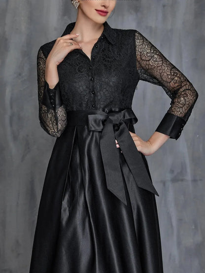 Modern A-Line Shirt Collar Long Sleeve Floor-Length Prom Dress