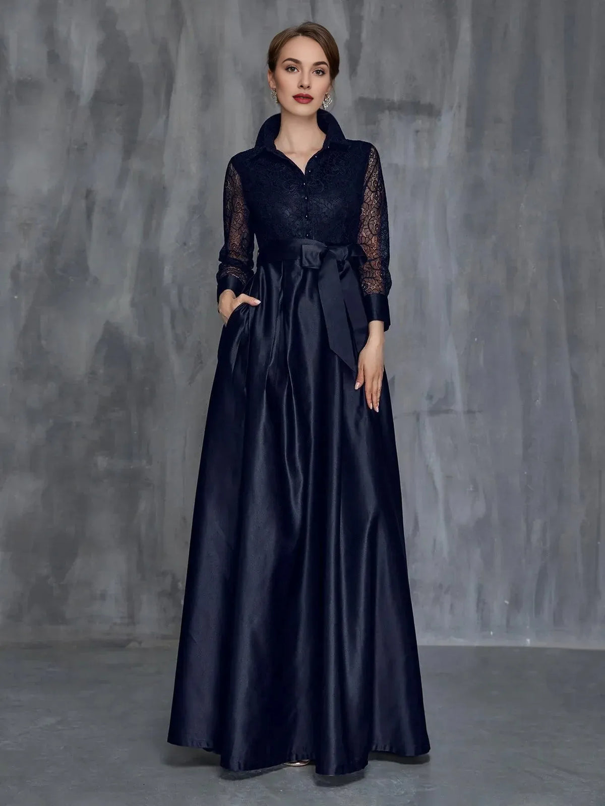 Modern A-Line Shirt Collar Long Sleeve Floor-Length Prom Dress