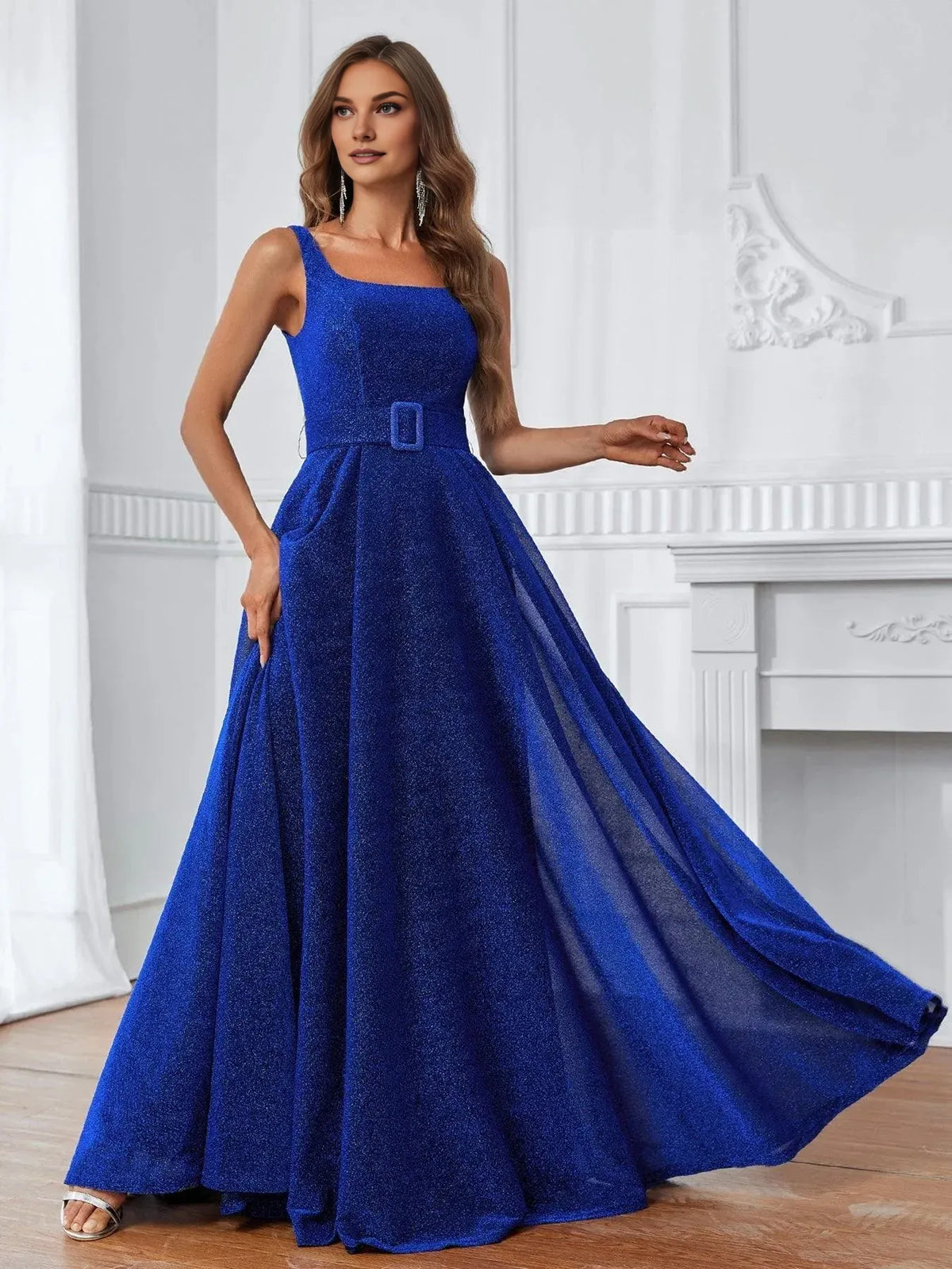 Modern A-Line Square Neck Sleeveless Zipper Up Floor-Length Prom Dress
