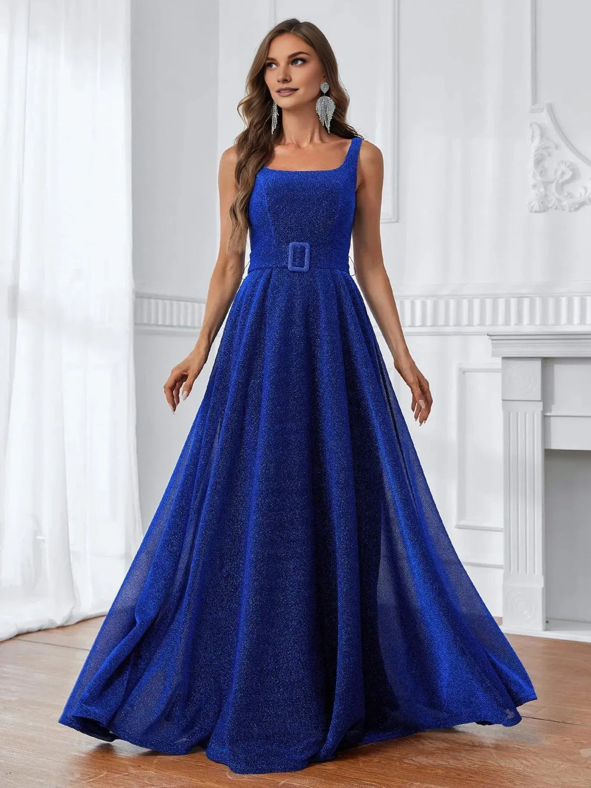 Modern A-Line Square Neck Sleeveless Zipper Up Floor-Length Prom Dress