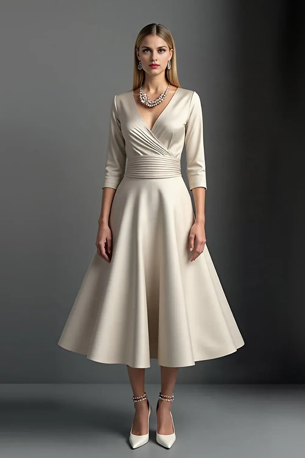 Modern A-Line V Neck 3/4 Sleeve Zipper Up Tea-Length Mother of the Bride Dress