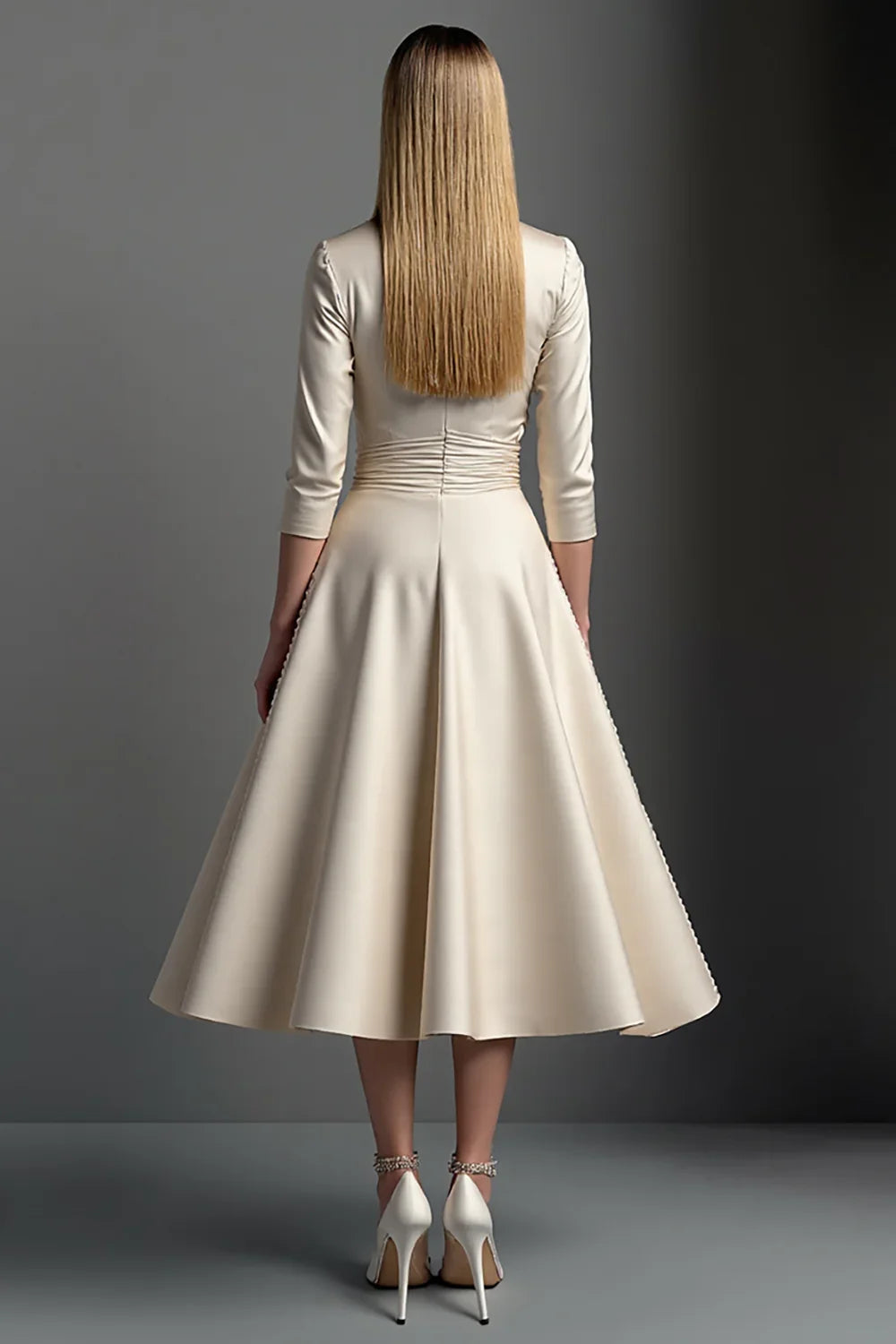 Modern A-Line V Neck 3/4 Sleeve Zipper Up Tea-Length Mother of the Bride Dress