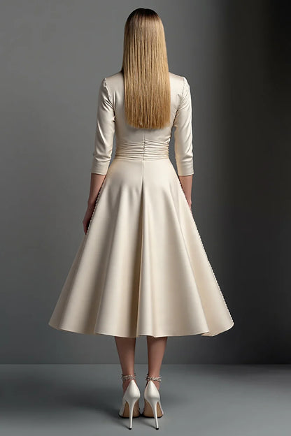 Modern A-Line V Neck 3/4 Sleeve Zipper Up Tea-Length Mother of the Bride Dress