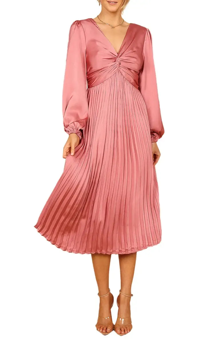 Modern A-Line V Neck Long Sleeve Satin Tea-Length Prom Dress