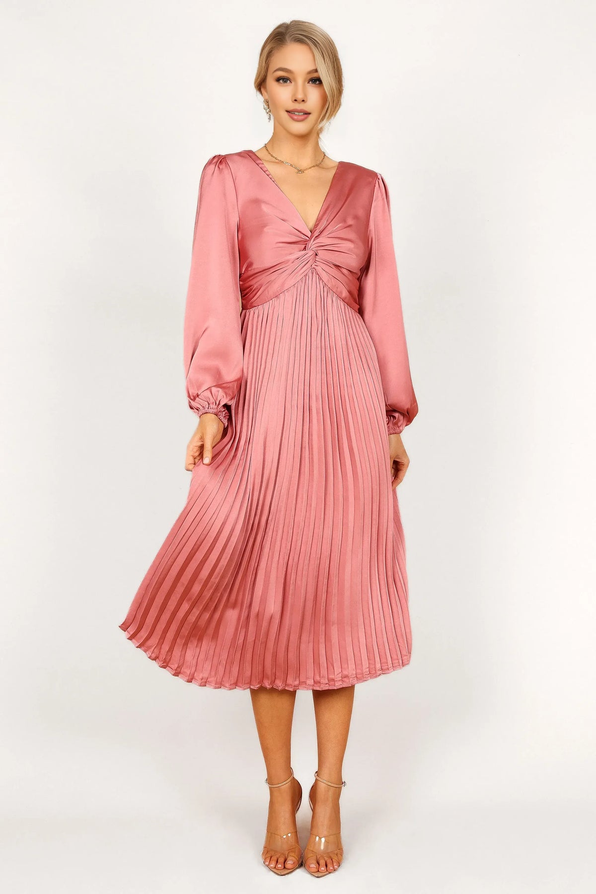 Modern A-Line V Neck Long Sleeve Satin Tea-Length Prom Dress