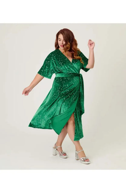 Modern A-Line V Neck Short Sleeve Velvet Ankle-Length Plus Size Prom Dress