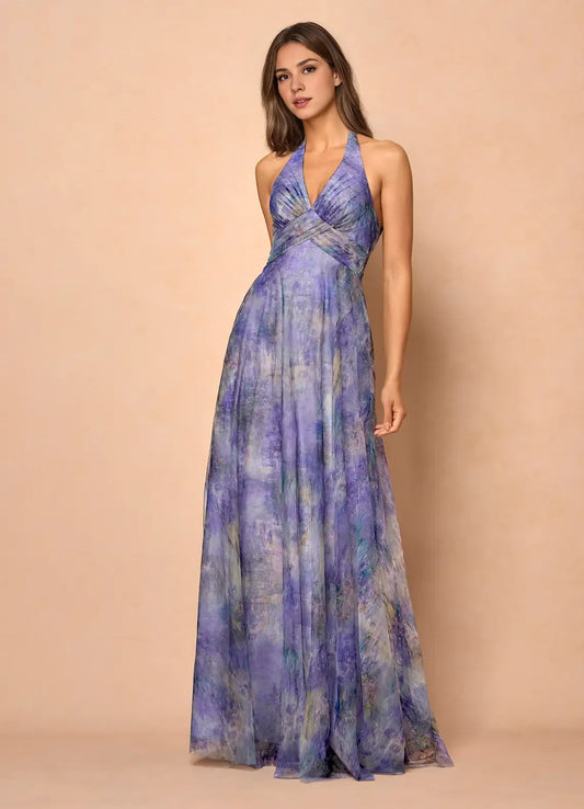 Modern A-Line V Neck Sleeveless Backless Floor-Length Evening Dress